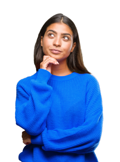 Women in blue sweater with one arm folded and hand on chin contemplating purchasing a CARFAX Canada Vehicle History Report.