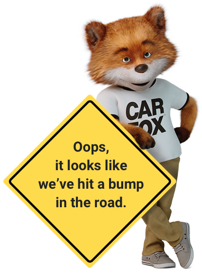 CAR FOX leaning against a caution sign with 'Oops, it looks like we've hit a bump in the road' written on it.